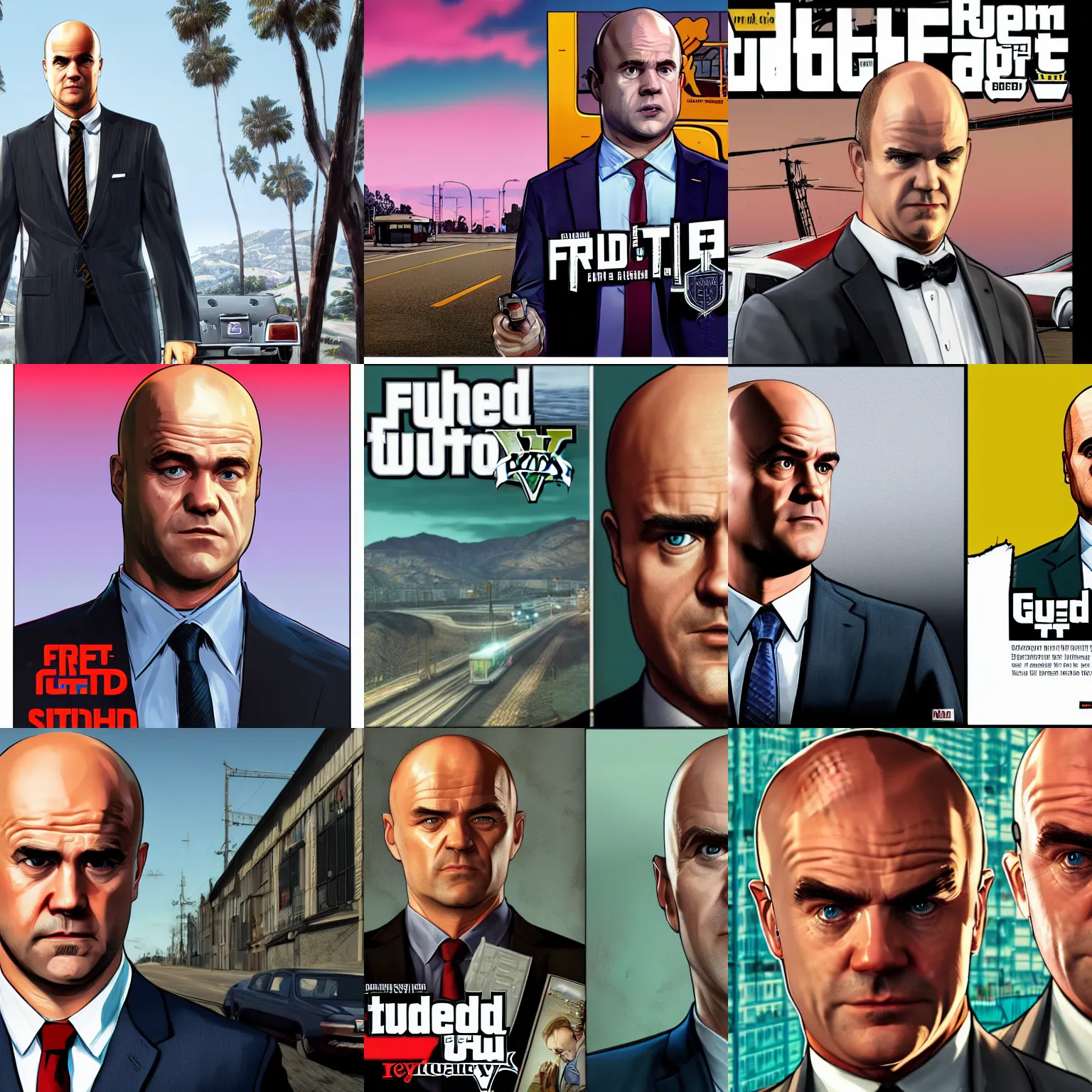 Prompt: Fredrik Reinfeldt in GTA V, cover art by Stephen Bliss, boxart, loading screen