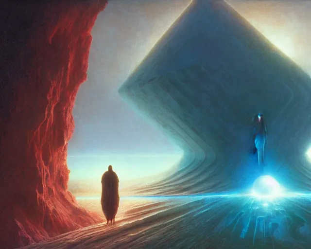 Image similar to a man falling into a tesseract, sci - fi, cyberpunk, dune movie, ridley scott, denis villeneuve, painted by zdzislaw beksinski and artgerm and greg rutkowski and alphonse mucha