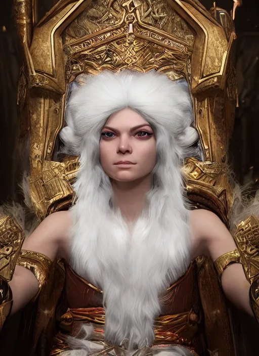 Image similar to An epic fantasy comic book style portrait painting of a white persian cat queen in throne, unreal 5, DAZ, hyperrealistic, octane render, cosplay, RPG portrait, dynamic lighting