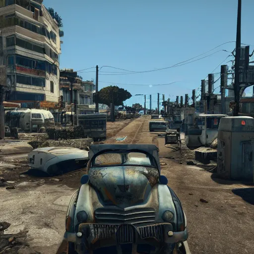 Prompt: Cotê d'Azur, Nice, France in ruins post-nuclear war in Fallout 4, in game screenshot