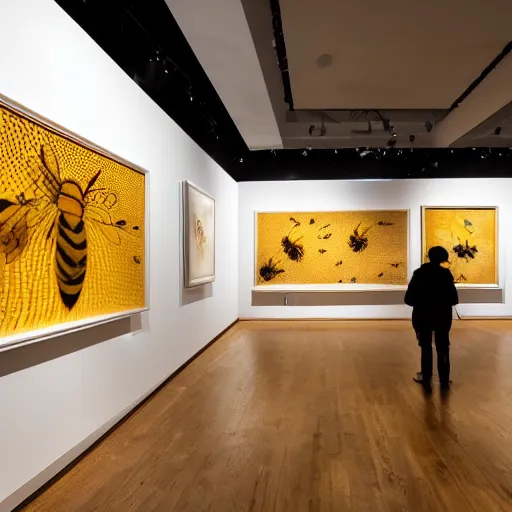 Image similar to winnie the pooh goes to an exhibition about honey, paintings of honey comb, sculptures of bees, white gallery, contemporary art, photorealistic