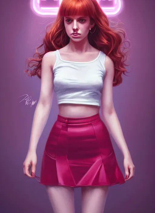 Image similar to full body portrait of teenage cheryl blossom, bangs, green eyes, sultry expression, red hair, sultry smirk, bangs and wavy hair, pink skirt, intricate, elegant, glowing lights, highly detailed, digital painting, artstation, concept art, smooth, sharp focus, illustration, art by wlop, mars ravelo and greg rutkowski