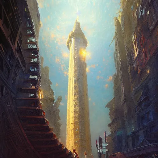 Image similar to Oil painting of an immensely high sky tower, stone building, stairway, D&D, Magic The Gathering, by Craig Mullins, intricate details, light rays from the surface, Nekro, Victo Ngai, centered, symmetrical, volumetric lighting