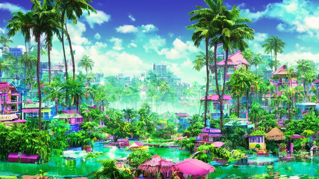 Image similar to village in a vaporwave jungle, 4k, ultra realistic, award winning photograph