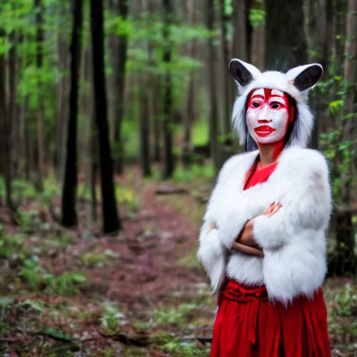 Image similar to Princess Mononoke as a real person, asian woman with red facepaint, determined expression, looking at the camera, standing next to a white wolf, in a forest, telephoto, backlit, 85mm lens, f1.8, highly detailed