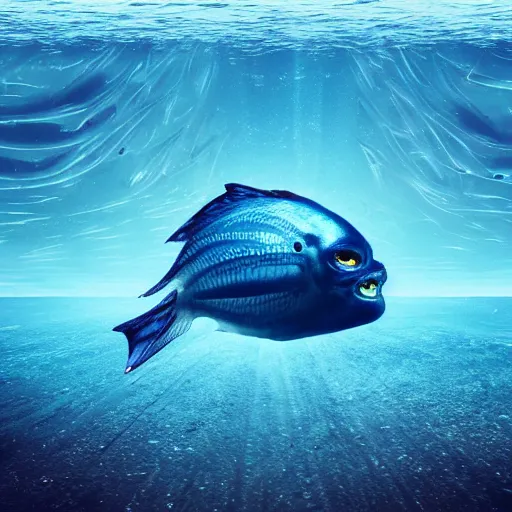 Image similar to underwater view of an alien fish swimming on an ocean bed, deep blue sea