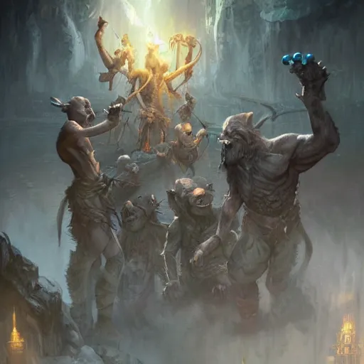 Prompt: an intricate matte painting of 3 grey goblins playing dungeons and dragons, iridescent light bouncing off magical d20, by Christophe Vacher and Bastien Lecouffe-Deharme, trending on artstation