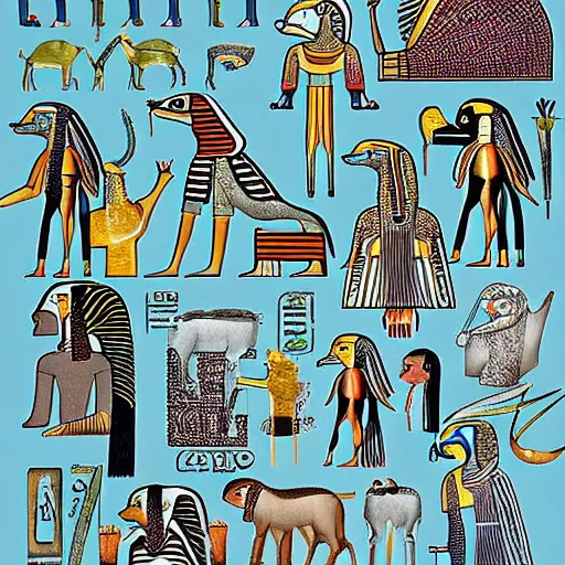 Prompt: egyptian peaceful by aquirax uno. a beautiful drawing of a group of creatures that looks like a mix of different animals. most of the creatures have human - like features, such as arms & legs, & some are standing upright while others are crawling or flying.