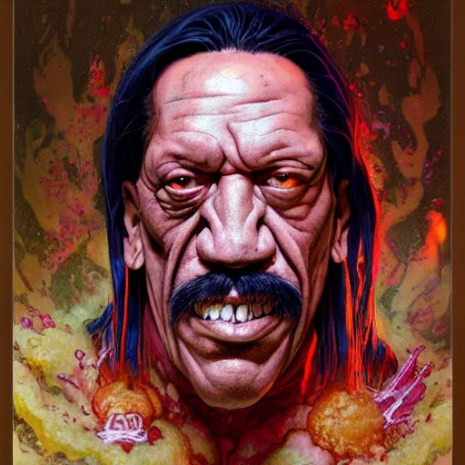 Image similar to prompt : danny trejo necromancer soft light painted by james jean and katsuhiro otomo and erik jones, inspired by akira anime, smooth face feature, intricate oil painting, high detail illustration, sharp high detail, manga and anime 1 9 9 9