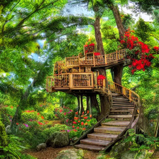 Prompt: a staircase to a treehouse covered in flowers, hd, high detail, vivid color