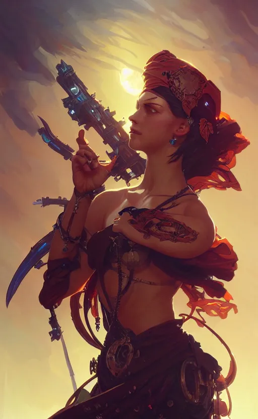 Image similar to Pirate queen, sci-fi, highly detailed, digital painting, artstation, concept art, smooth, sharp focus, illustration, art by artgerm and greg rutkowski and alphonse mucha