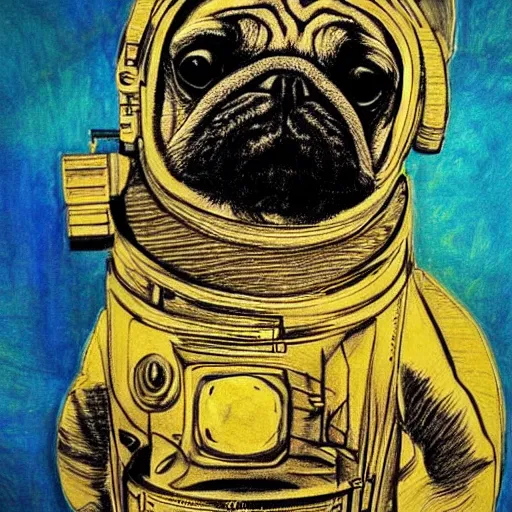 Image similar to pencil art, golden - ratio, spirals, highly detailed, astronaut pug in outer space by davinci.