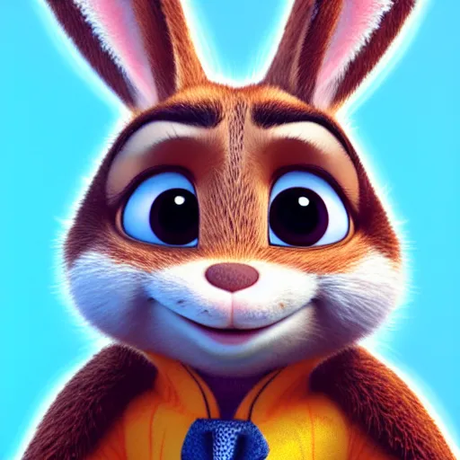 Prompt: portrait of a super cute bunny, a carrot, pixar, zootopia, cgi, blade runner. trending on artstation, smiling, friendly