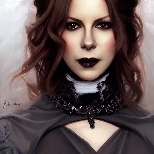 Image similar to the ultimate vampire, kate beckinsale, smokey eyes, gothic, large flared gothic dress, trending on / r / moreplatesmoredates, oil on canvas artstation by j. c. leyendecker and edmund blair leighton and charlie bowater octane render