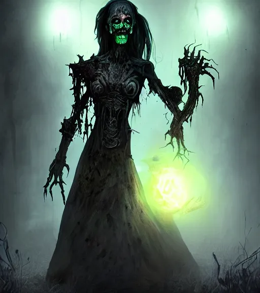 Image similar to gothic necrolord female with zombie servents, digital painting, liminal eerie midnight backlit, a picture taken by Michael Komarck and Daniel Ljunggren