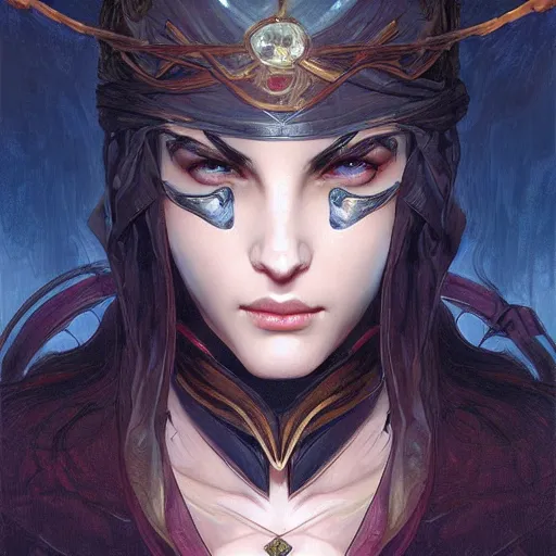 Image similar to character concept, portrait, symmetrical head - on centralized, young woman with dark ninja clothes. detailed, high quality, dynamic lightning, fantasy, scenematic. artwork by artgerm, wlop, alex ross, greg rutknowski, alphonse mucha