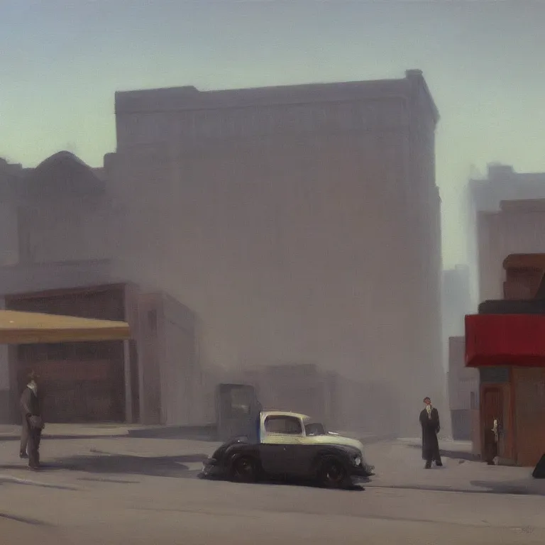 Image similar to trash flowing everywhere, piles of trash, fog, early morning, , painted by Edward Hopper, painted by Wayne Barlow, airbrush