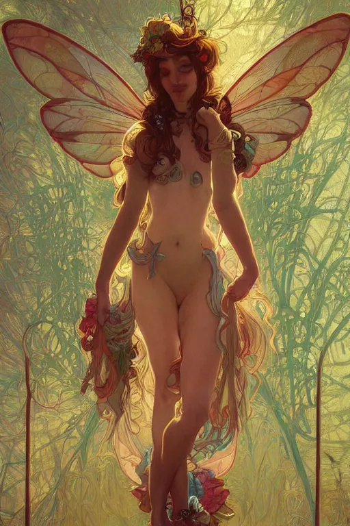 Image similar to A beautiful pole dancing fairie, symmetrical features, cinematic lighting, soft bokeh, fantasy, modern, colourful, highly detailed, digital painting, artstation, deviantart, concept art, sharp focus, illustration, by alphonse mucha