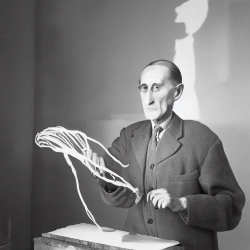 Image similar to a long exposure shot of Marcel Duchamp working on a readymade object, archival pigment print