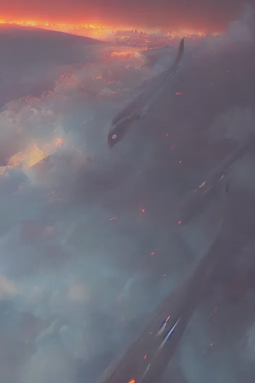 Image similar to The end of the word, huge fire, airplane window view, matte painting, ilya kuvshinov landscape, very detailed, ArtStation
