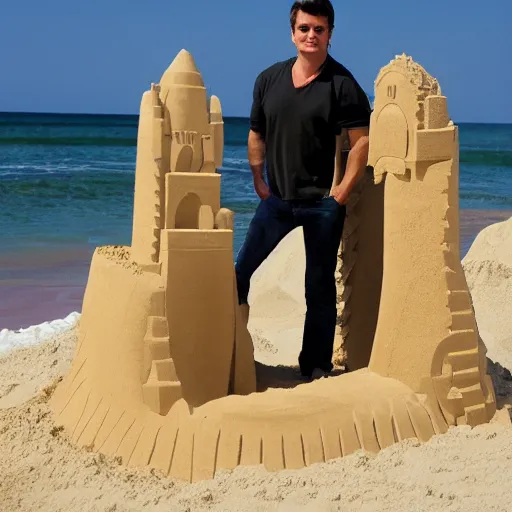 Image similar to a sandcastle in the shape of nathan fillion