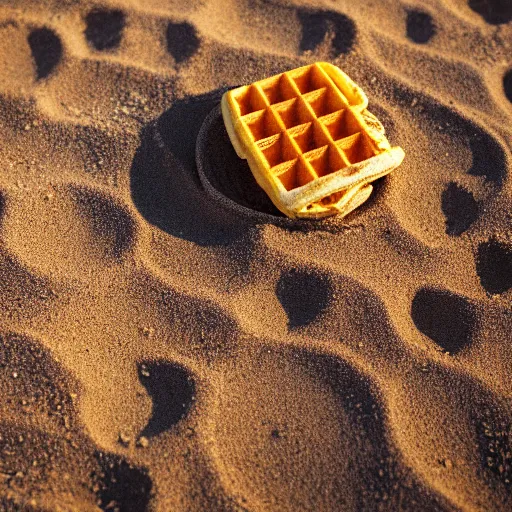 Image similar to an eggo waffle in the sand on the beach in san diego. sigma 5 5 mm. a bit of sand on the waffle. beautiful lighting