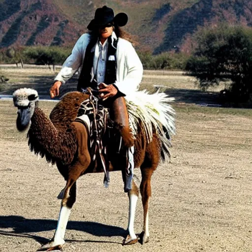 Image similar to michael jackson riding a emu with a cowboy hat on