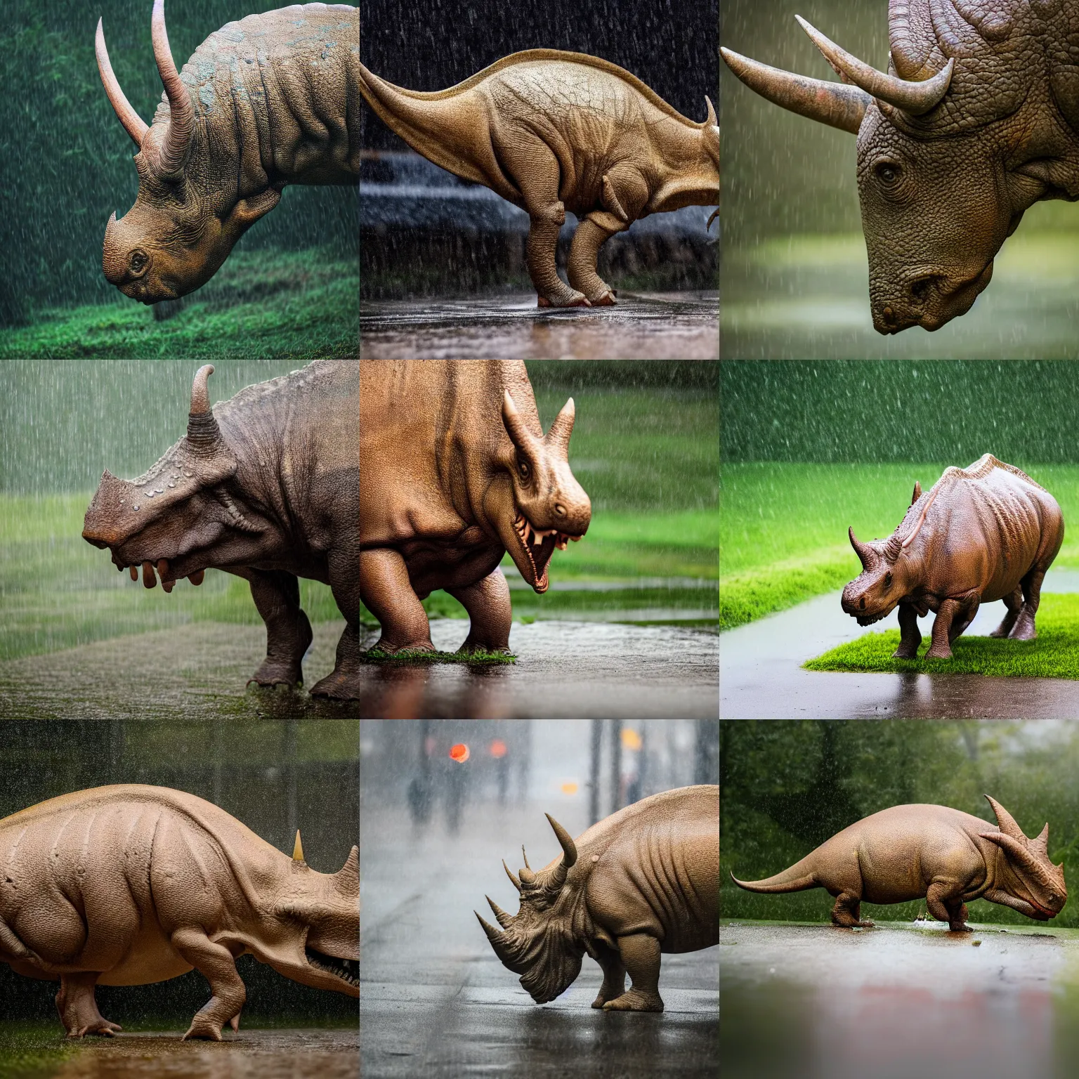 Prompt: nature photography of a triceratops, rainy day, outside enclosure, 4 k photograph, award winning, 5 0 mm, telephoto lens, national geographic