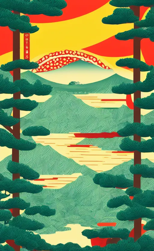 Image similar to hanafuda, portrait of a red charm and a lake in the middle of japanese pines, a big red sun in the background, front game card, vector line art, trending on artstation, concept art, stunning, matte