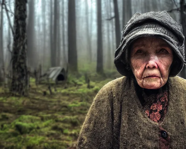 Image similar to close up portrait of an old woman with sinister face and dirty clothes standing outside of an old cabin, forest in the background, bokeh, depth of field, dramatic lighting, cinematic, vivid colors, matte painting, digital painting style, John Atkinson Grimshaw color scheme