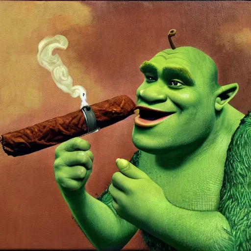 Prompt: shrek smoking a cigar, religious painting