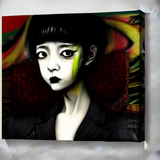 Image similar to yoshitaka amano blurred and dreamy realistic three quarter angle portrait of a young woman with black lipstick and black eyes wearing office suit, junji ito abstract patterns in the background, satoshi kon anime, noisy film grain effect, highly detailed, renaissance oil painting, weird portrait angle, blurred lost edges