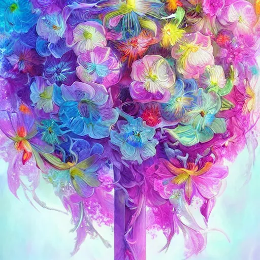 Image similar to a bouquet of ethereal big colorful transparent entangled flowers, direct sunlight, glowing, vivid, detailed painting, soft Houdini algorhitmic pattern, by Ross Tran, WLOP, artgerm and James Jean, masterpiece, award winning painting