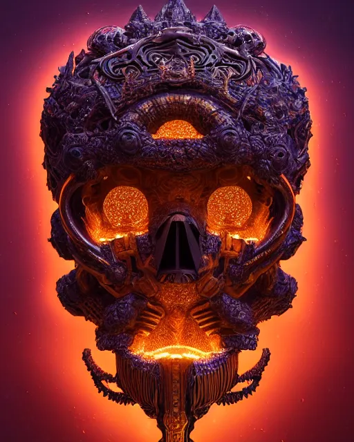 Image similar to 3 d ornate carved dark cosmic king with profile portrait, sigma 5 0 0 mm f / 5. beautiful intricate highly detailed quetzalcoatl skull. bioluminescent, plasma, lava, ice, water, wind, creature, thunderstorm! artwork by tooth wu and wlop and beeple and greg rutkowski, 8 k trending on artstation