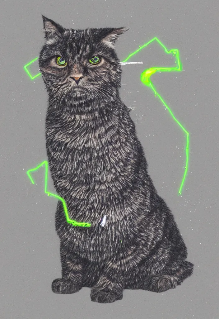 Image similar to cfa champion dark tortie scottish fold cat, stalkimg preyl, data visualization perfect geometry bezier mathematical diagrams hologram overlay revealing sparrows flight trajectory calculation, detailed annotated painting, grisaille dark monochrome with neon fluorescent color airbrush spraypaint accents, by jules julien, wes anderson, hannah af klint, risograph 4 k