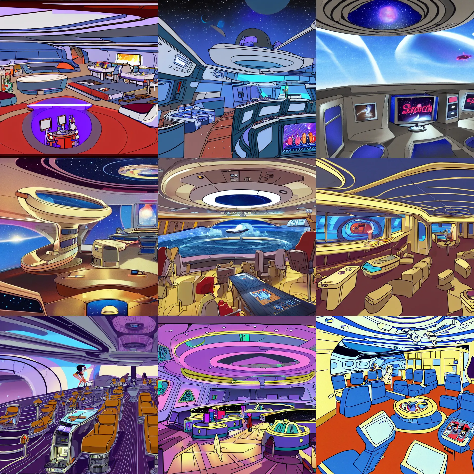 Prompt: the main entertainment area onboard a large passenger cruise spaceship, from a space themed serria point and click 2 d graphic adventure game, art by space quest ii