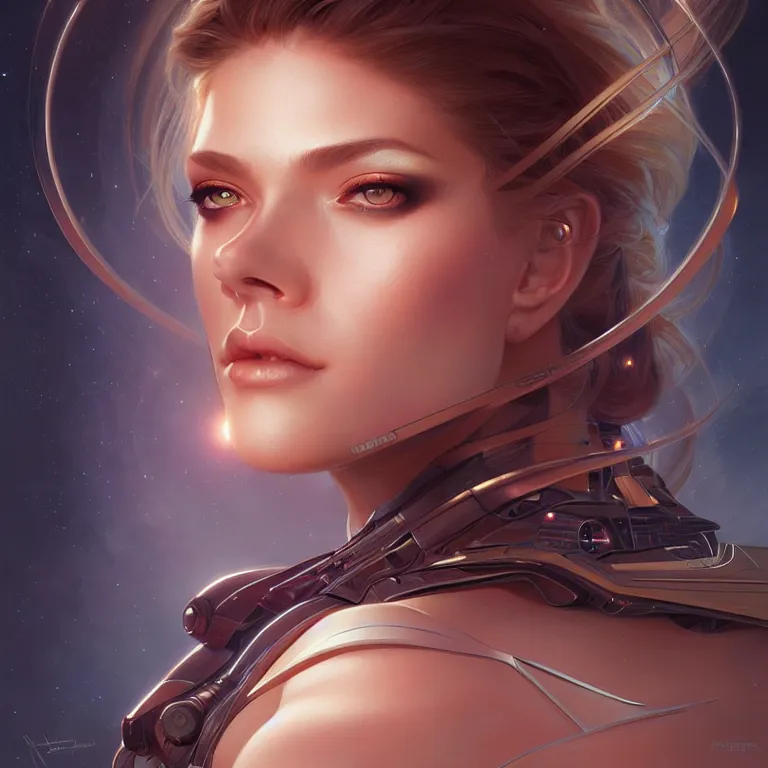 Image similar to futuristic woman portrait, sci-fi, amber eyes, face, long hair, fantasy, intricate, elegant, highly detailed, digital painting, artstation, concept art, smooth, sharp focus, illustration, art by artgerm and greg rutkowski and alphonse mucha