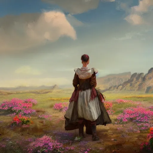 Image similar to a matte painting of the wild west, woman standing, patchy flowers, oil painting, pale colors, high detail, 8 k, wide angle, trending on artstation,