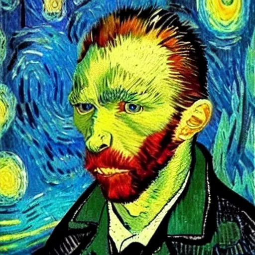 Image similar to retard wolf, van gogh, vivid colors, portrait paintin,