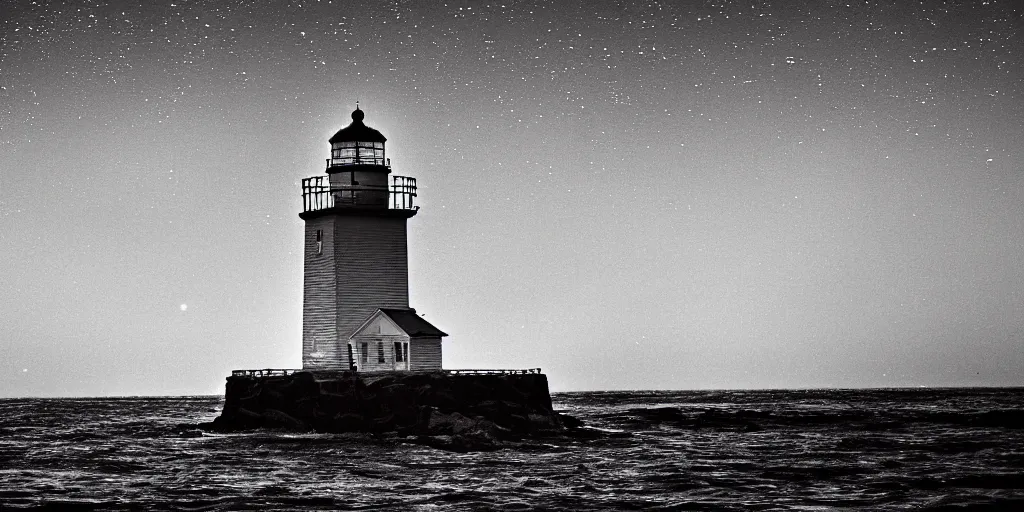 Prompt: Haunted lighthouse, wise shot from the ocean at night, Delaware