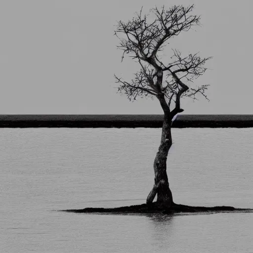 Prompt: a singled barren dead tree on a tiny island surrounded by a peaceful calm ocean, minimalist art, stylized illustration, dull color palette
