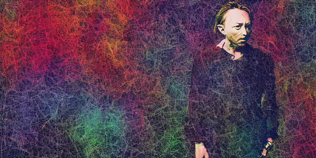 Prompt: photograph of print of thom yorke picture on a table, hyper realistic, variations of thom yorke, high quality photograph, mixed styles, intricate details, trees, diverse colors, deep emotional impact, very wide angle