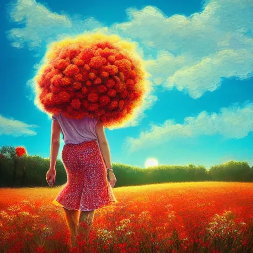 Image similar to giant red carnation afro head, full body, girl walking in the middle of a field with flowers, surreal photography, hills, sunrise dramatic light, impressionist painting, colorful clouds, digital painting, pointillism, artstation, simon stalenhag