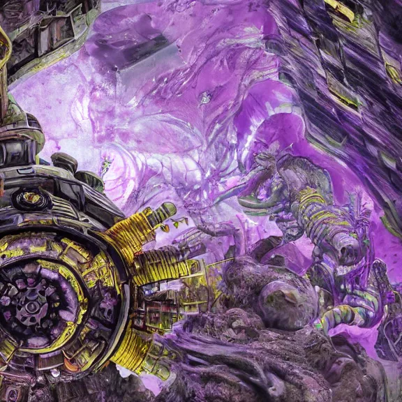 Prompt: detailed shot of inside a cavernous living stomach of a giant robot ((dragon)), the walls purple and pulsing, lots of acid pooling up on the floor, digesting humans that ended up inside, food pov, micro pov, vore, digital art, furry art, high quality, 8k 3D realistic, macro art, micro art, Furaffinity, Deviantart, Eka's Portal, G6