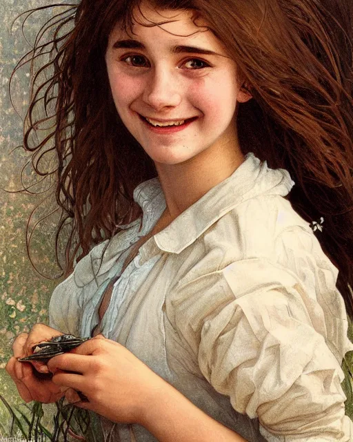 Image similar to portrait of 1 5 - year - old girl, little smile with large front teeth, hermione, very bushy brown hair, and very bright brown eyes, wearing white shirt, hyper realistic face, beautiful eyes, close up, fantasy art, in the style of greg rutkowski, intricate, alphonse mucha, hyper detailed, smooth