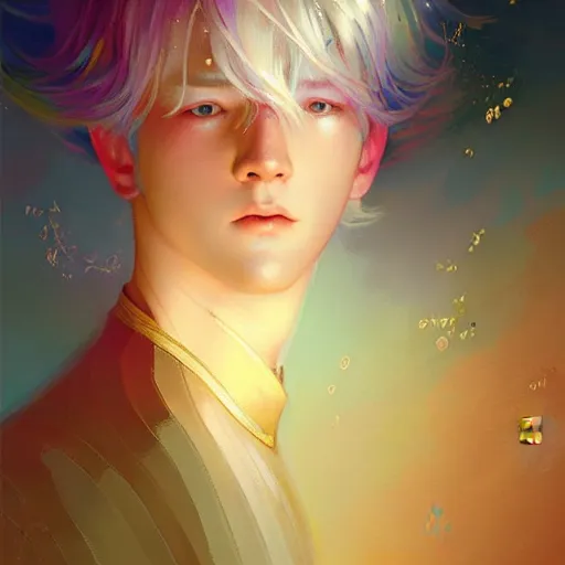 Prompt: harmony of golden 😢, mute, coherent, fairies, light language, white haired male teen jimin, rainbow lineart, by wlop, james jean, victo ngai! muted colors, highly detailed, sharp lineart, crisp quality, smooth, fantasy art by craig mullins, thomas kinkade - w 6 4 0