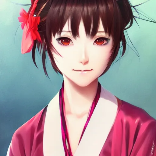 Prompt: A realistic anime portrait of a beautiful Lain Iwakura with a human face wearing a kimono, digital painting, by Stanley Artgerm Lau, WLOP, and Rossdraws, digtial painting, trending on ArtStation, deviantart