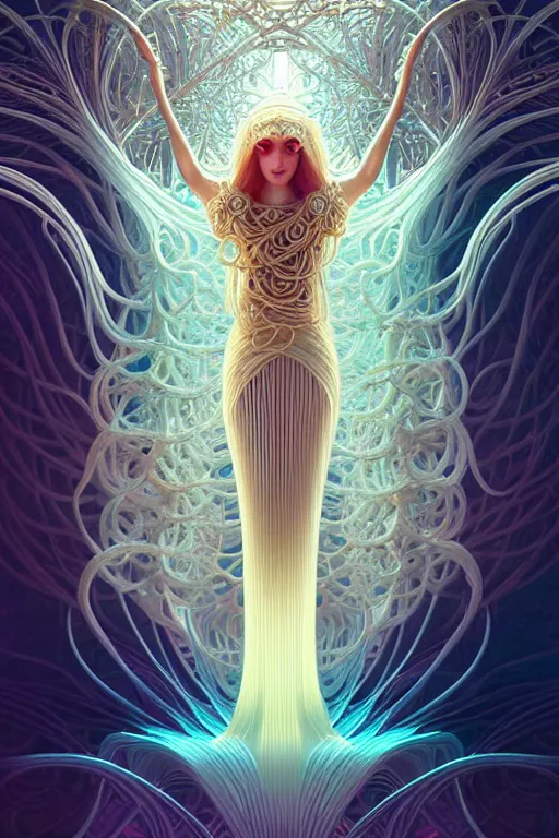 Prompt: beautiful flying spaghetti monster goddess, ethereal art deco, fantasy, intricate art deco pasta designs, elegant, highly detailed fractals, sharp focus, art by artgerm and beeple and greg rutkowski and wlop