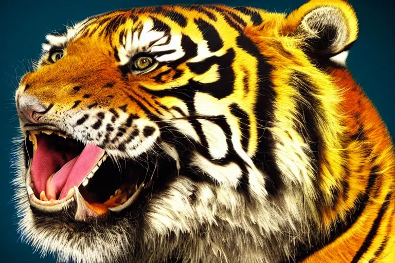 Image similar to An extremely bright studio photograph of a snarling tiger in the style of Salvador Dali, high-quality, professional, dramatic lighting, extremely high detail, trending on artstation