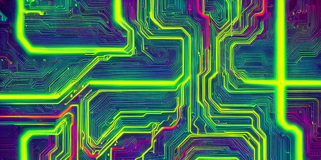 Prompt: rainbow hued circuitry, the neural pathways of AI. Shiny tech aesthetic, trending on behance